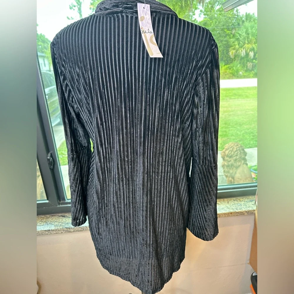 Isela Black Textured Stripes Velour Open Cardigan Size Medium NEW